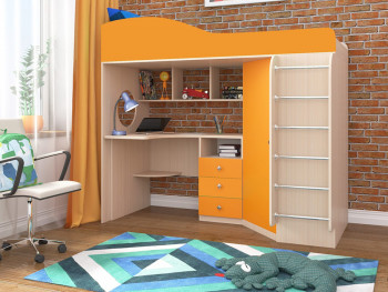 Кровать-чердак Кадет-1 с металлической лестницей Дуб молочный/Оранжевый в Мотыгино - motygino.mebel54.com | фото