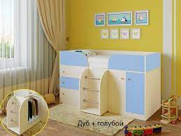 Кровать-чердак Малыш-4 Дуб молочный/Голубой в Мотыгино - motygino.mebel54.com | фото