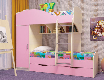 Кровать детская Жемчужина двухместная 1.8 Дуб молочный/Розовый в Мотыгино - motygino.mebel54.com | фото