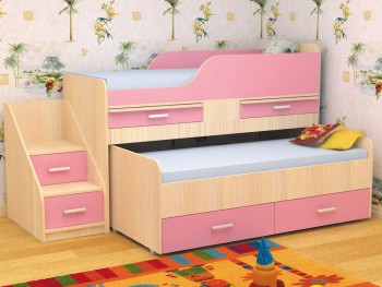 Кровать детская Лесики двухместная 1.8  Дуб молочный/Розовый в Мотыгино - motygino.mebel54.com | фото
