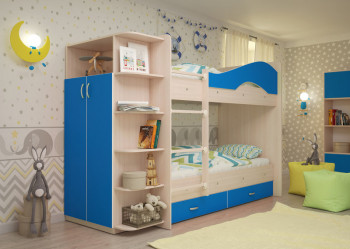 Кровать Мая двухъярусная с ящиками и шкафом Млечный дуб/Голубой в Мотыгино - motygino.mebel54.com | фото