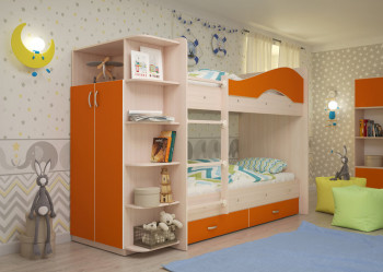 Кровать Мая двухъярусная с ящиками и шкафом Млечный дуб/Оранжевый в Мотыгино - motygino.mebel54.com | фото