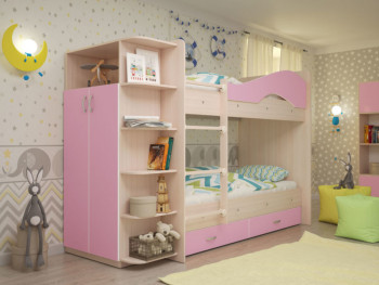 Кровать Мая двухъярусная с ящиками и шкафом Млечный дуб/Розовый в Мотыгино - motygino.mebel54.com | фото