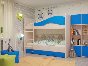 Кровать Мая двухъярусная с ящикамиМлечный дуб/Голубой в Мотыгино - motygino.mebel54.com | фото