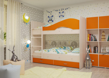 Кровать Мая двухъярусная с ящикамиМлечный дуб/Оранжевый в Мотыгино - motygino.mebel54.com | фото