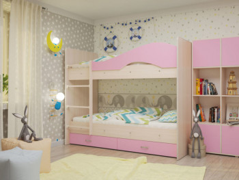 Кровать Мая двухъярусная с ящикамиМлечный дуб/Розовый в Мотыгино - motygino.mebel54.com | фото