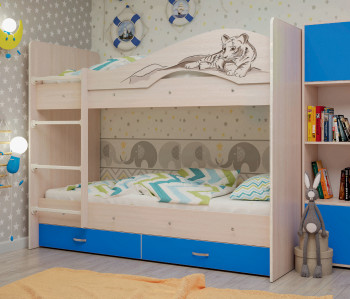 Кровать Мая-Сафари двухъярусная с ящикамиМлечный дуб/Голубой в Мотыгино - motygino.mebel54.com | фото