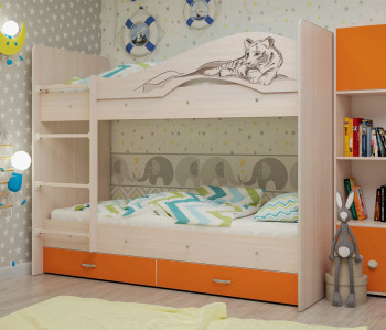 Кровать Мая-Сафари двухъярусная с ящикамиМлечный дуб/Оранжевый в Мотыгино - motygino.mebel54.com | фото