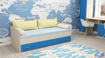 Кровать с выкатными ящиками Дуб молочный/Голубой в Мотыгино - motygino.mebel54.com | фото