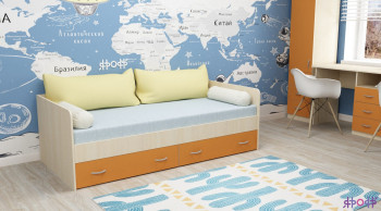 Кровать с выкатными ящиками Дуб Молочный/Оранжевый в Мотыгино - motygino.mebel54.com | фото