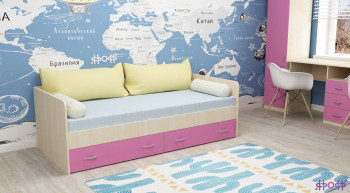 Кровать с выкатными ящиками Дуб Молочный/Розовый в Мотыгино - motygino.mebel54.com | фото