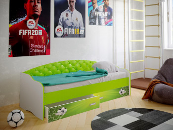 Кровать Софа-8 с мягкой спинкой фотопечать Футбол (900х1900) Белый/Лайм в Мотыгино - motygino.mebel54.com | фото