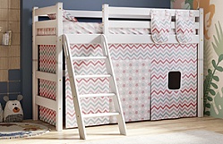 Кровать Соня Вариант 10 с наклонной лестницей со шторой, подушкой 40х40 и 2-мя карманами Белый полупрозрачный/Зигзаг коралловый в Мотыгино - motygino.mebel54.com | фото