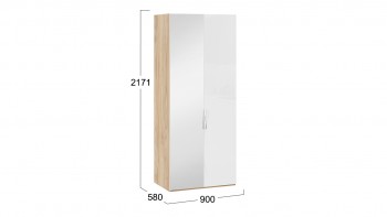 Шкаф для одежды с 1 глухой и 1 зеркальной дверями левый «Эмбер» Яблоня Беллуно/Белый глянец в Мотыгино - motygino.mebel54.com | фото