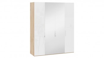 Шкаф комбинированный с 2 глухими и 2 зеркальными дверями «Эмбер» Яблоня Беллуно/Белый глянец в Мотыгино - motygino.mebel54.com | фото