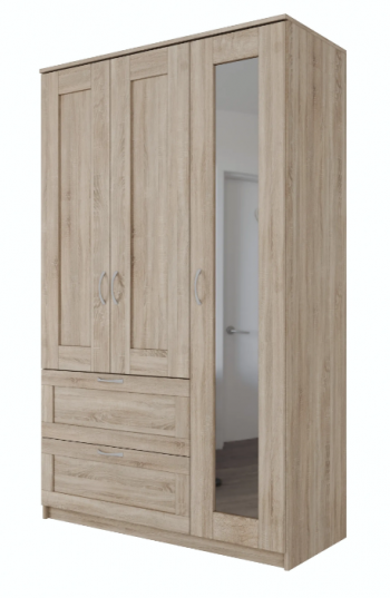 Шкаф трехдверный Сириус с зеркалом и 2 ящиками дуб сонома в Мотыгино - motygino.mebel54.com | фото